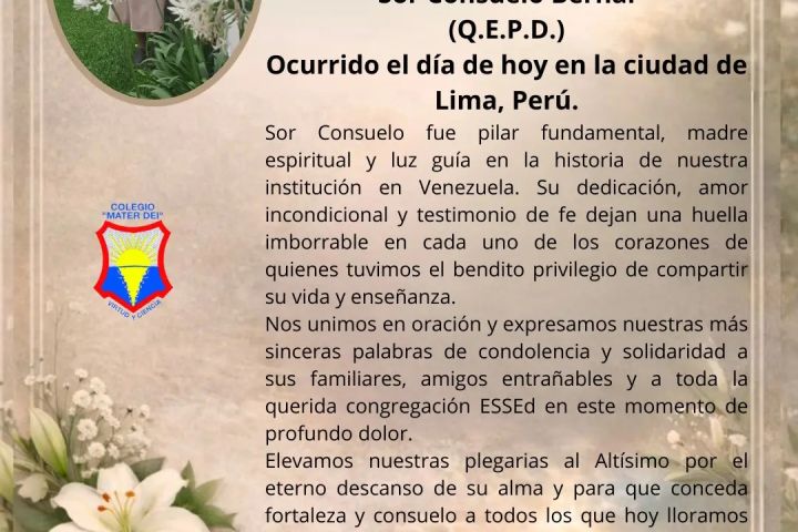 Sensible fallecimiento de nuestra amada y recordada:  Sor Consuelo Bernal (Q.E.P.D.)